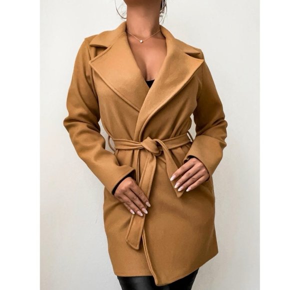 Camel Wool Blend Long Sleeve Belted Coat - Picture 10 of 11